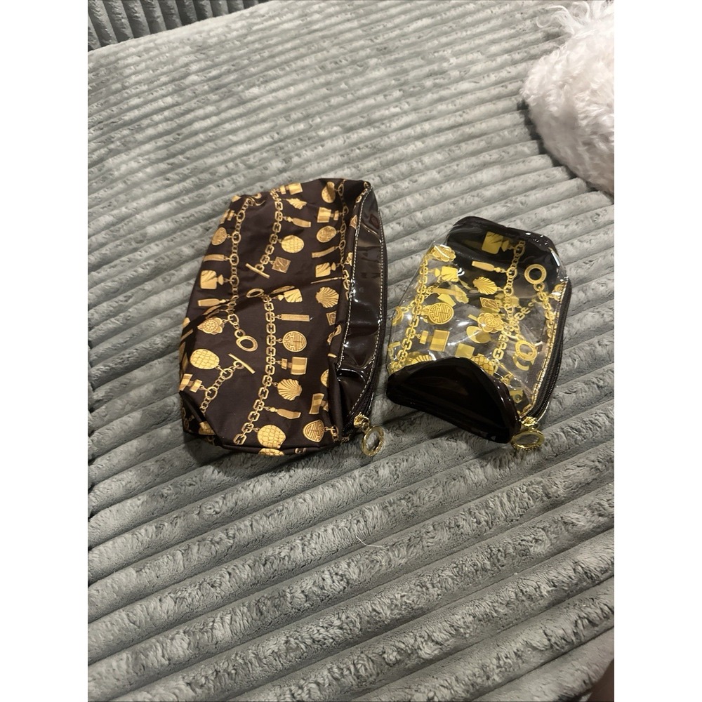Estee Lauder Makeup Cosmetic Bags Set (2) Brown Yellow Zips Clear Bag